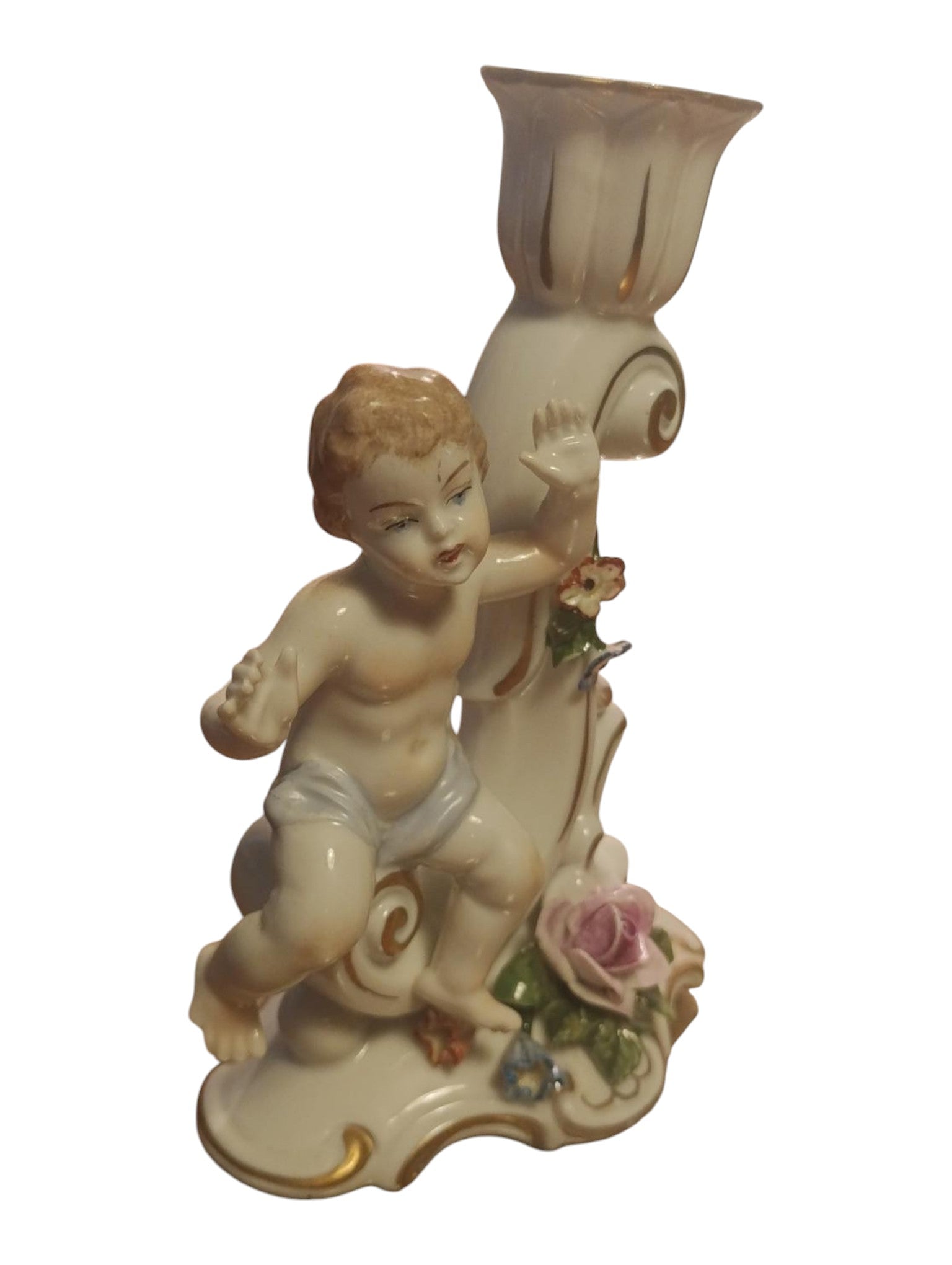 Antique Capodimonte Style Porcelain Cherub Candlestick – Gilt & Floral Details - Polo Express