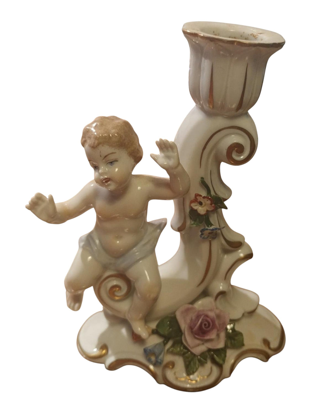 Antique Capodimonte Style Porcelain Cherub Candlestick – Gilt & Floral Details - Polo Express