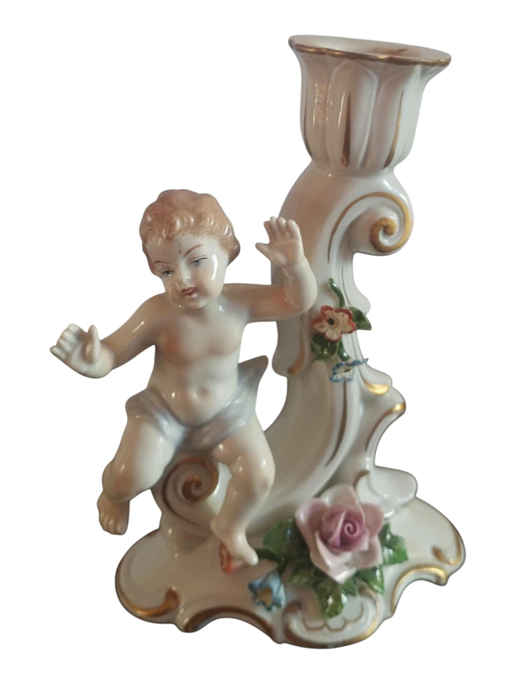 Antique Capodimonte Style Porcelain Cherub Candlestick – Gilt & Floral Details - Polo Express