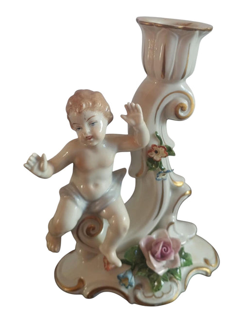 Antique Capodimonte Style Porcelain Cherub Candlestick – Gilt & Floral Details - Polo Express