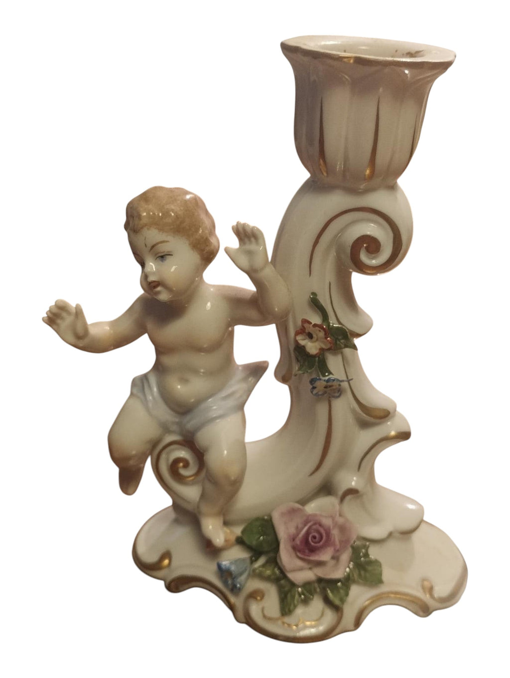Antique Capodimonte Style Porcelain Cherub Candlestick – Gilt & Floral Details - Polo Express