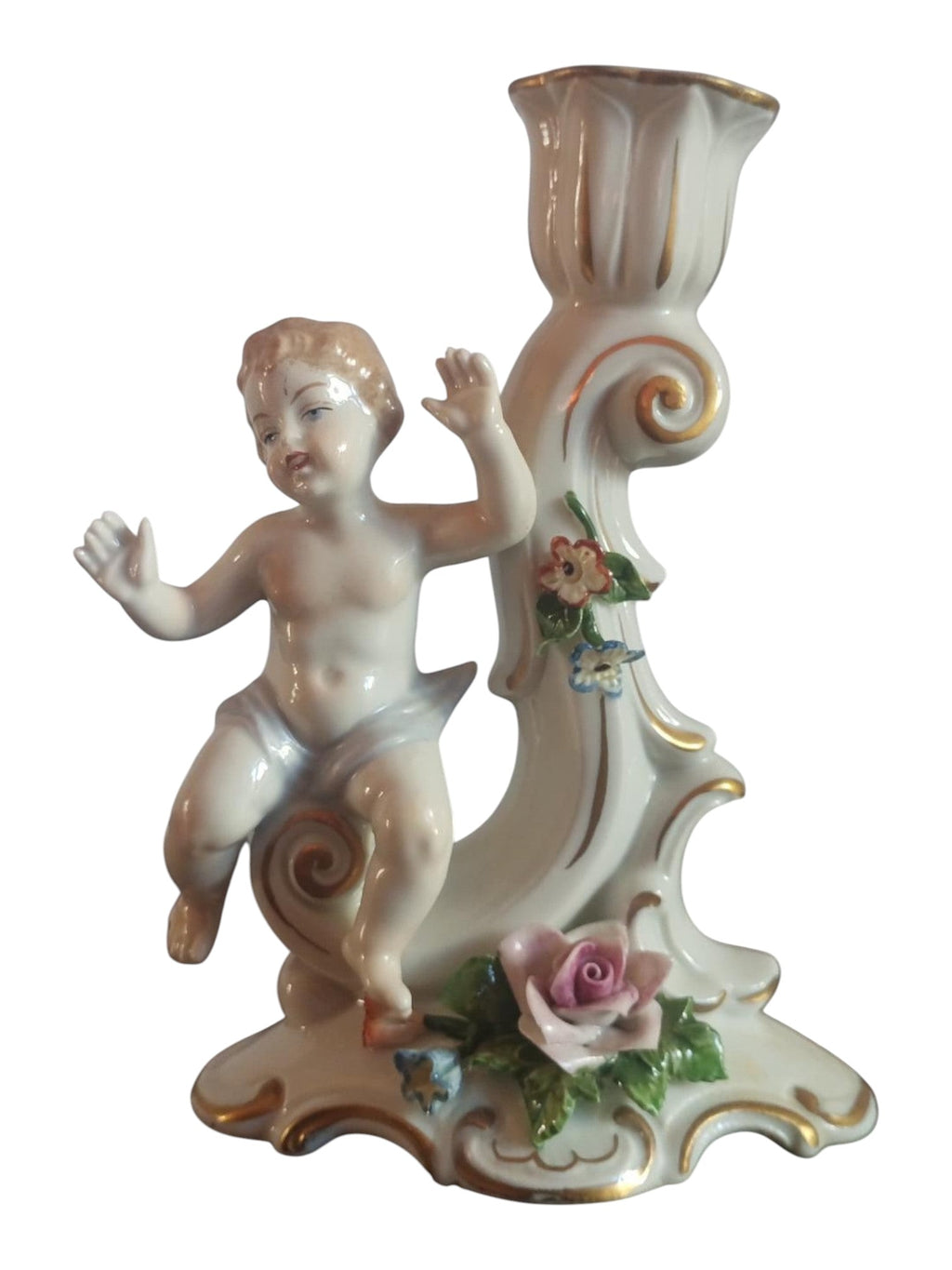 Antique Capodimonte Style Porcelain Cherub Candlestick – Gilt & Floral Details - Polo Express