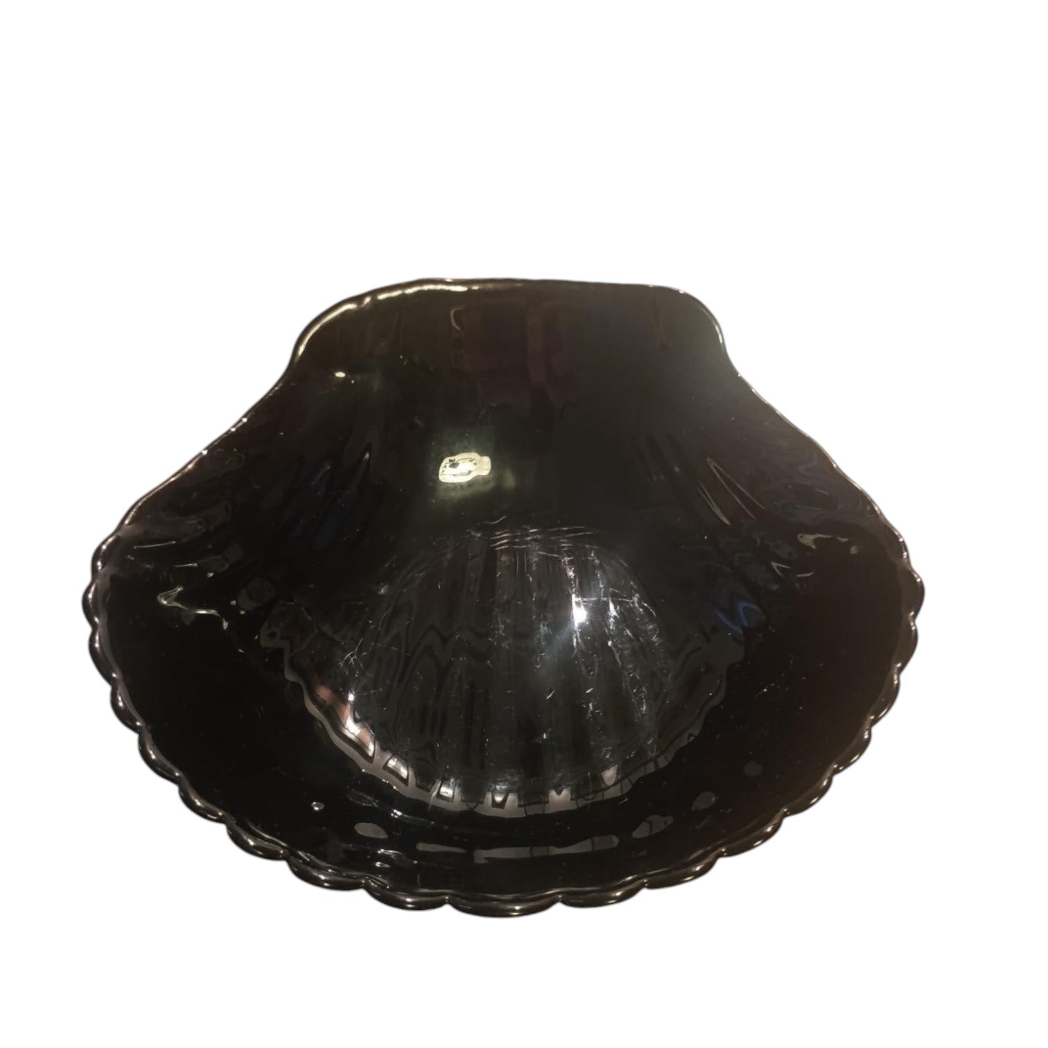Vintage Black Amethyst Glass Shell Bowl – Mid-Century Scalloped Decorative Dish