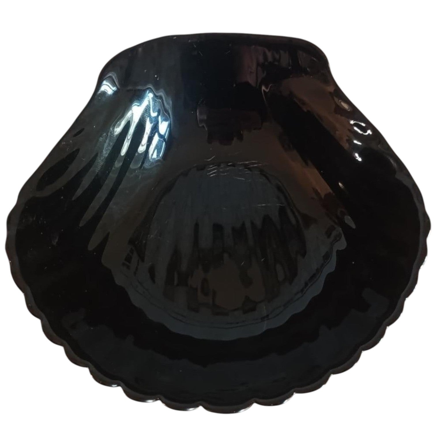 Vintage Black Amethyst Glass Shell Bowl – Mid-Century Scalloped Decorative Dish