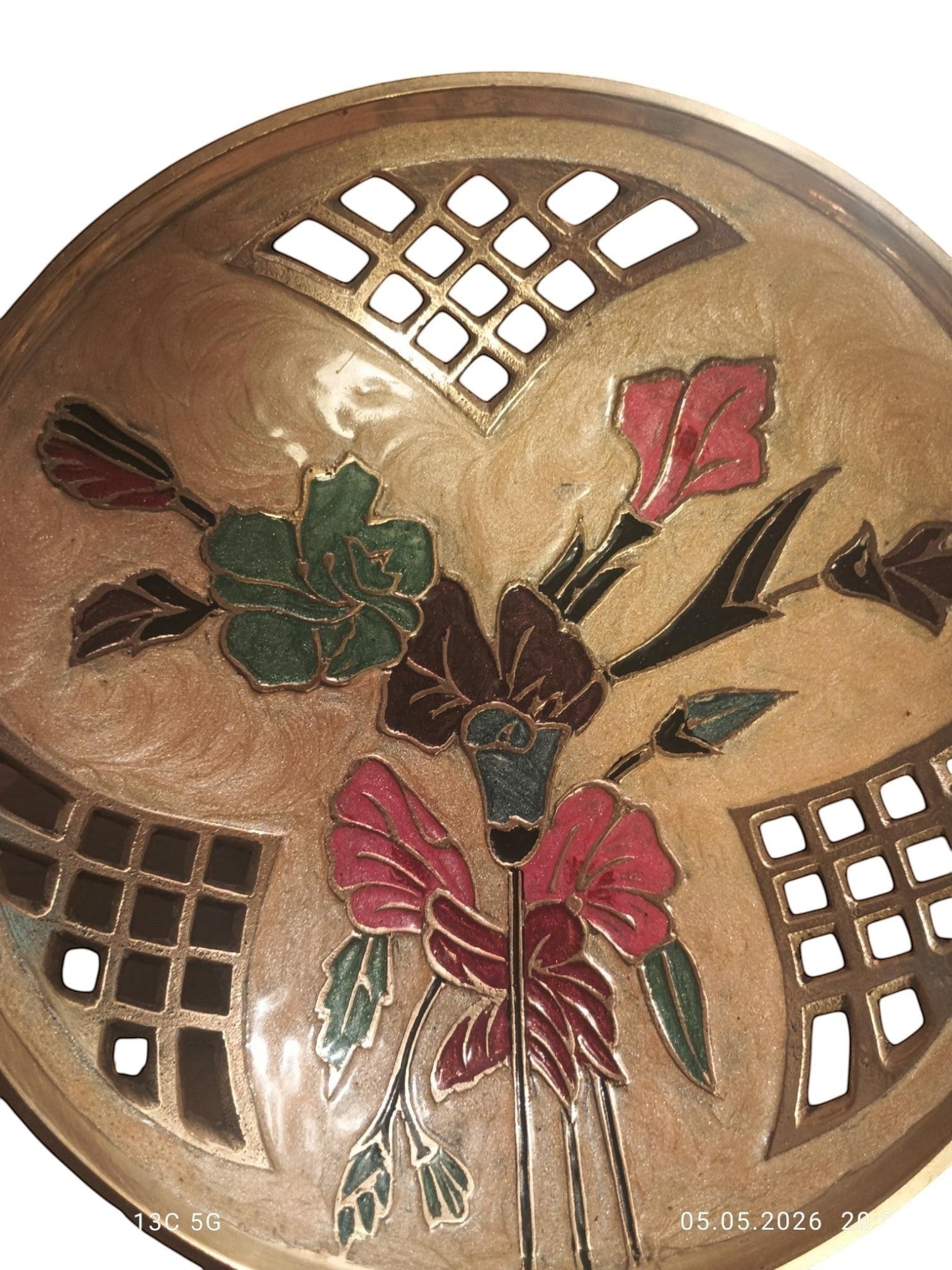Vintage Hand - Painted Enamel & Brass Footed Bowl – Floral Cloisonné Style - Polo Express