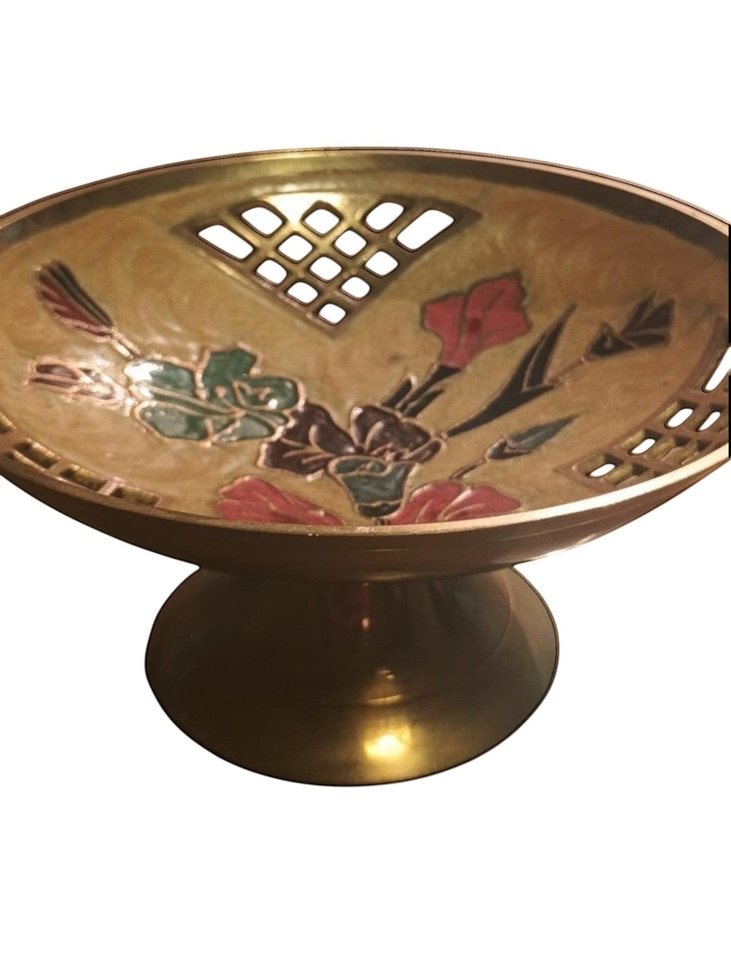 Vintage Hand - Painted Enamel & Brass Footed Bowl – Floral Cloisonné Style - Polo Express
