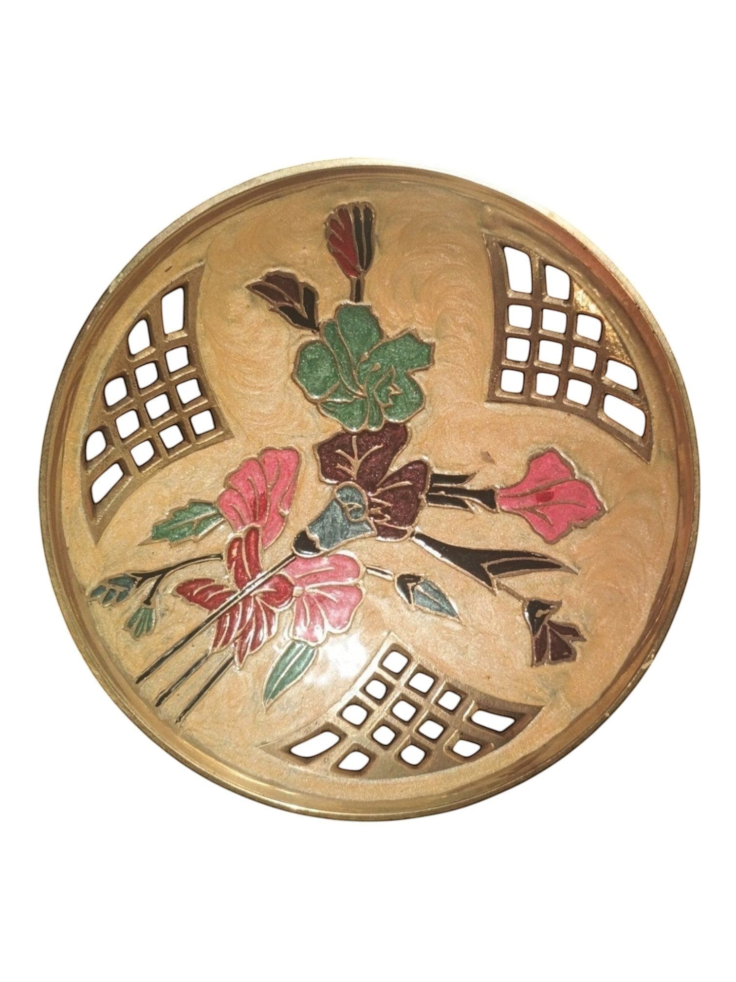 Vintage Hand - Painted Enamel & Brass Footed Bowl – Floral Cloisonné Style - Polo Express