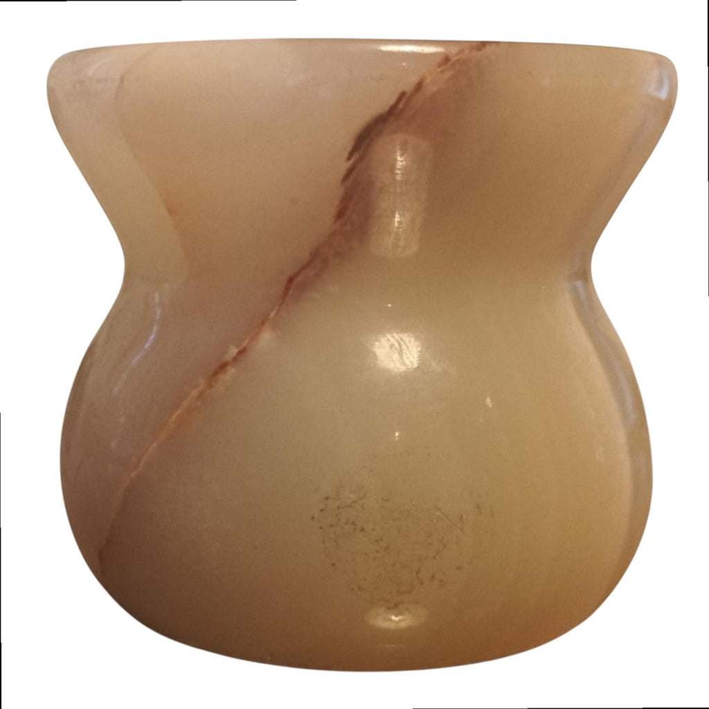 Polo Express hand-polished green onyx mini-vase with translucent natural stone and earthy veining. Glossy finish.