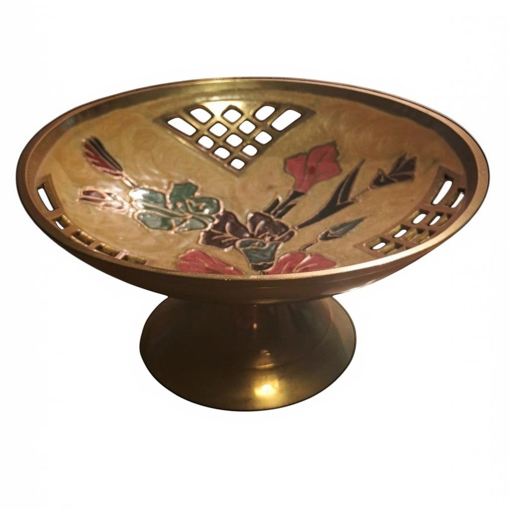 Polo Express vintage brass footed bowl with hand-painted floral enamel interior and geometric cut-out rim.