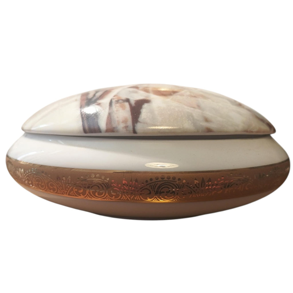 Polo Express vintage Italian porcelain trinket box with ballerina art and gold filigree detailing.